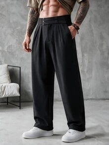 SLATEMANN Men's Solid Color Pleated Waist Buckle Design Business Casual Dress Pants - Black - View 5