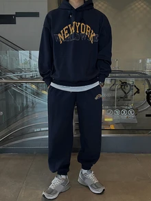 DAZY Autumn/Winter Thermal Lined Navy Blue Letter Print Men's Hoodie Sweatshirt Set - Navy Blue - View 6