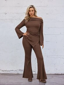 Voyena Plus Size Women's Brown Pinstripe Sportswear Set, Asymmetrical Shoulder Long Sleeve Top With Flare Pants 2 Pieces Set - Brown - View 6