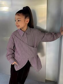 DAZY 青少年女孩翻領條紋長袖梭織襯衫 - 棕色 - 查看 2