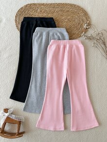 SHEIN 女童 3件組 羅紋針織喇叭褲 素色柔軟高彈力彈性喇叭長褲 - 彩色 - 查看 3