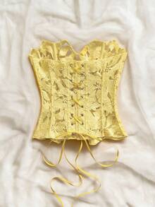 Soleia 浪漫休閒無肩帶蕾絲分層束腰上衣，鏤空刺繡，女款，夏季無胸墊，白色花卉，適合婚禮約會派對 - 淡黃色 - 查看 2
