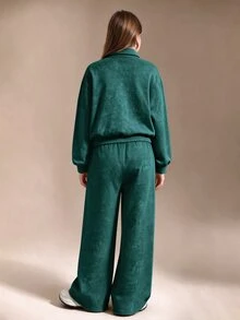 SHEIN 青少年女孩休閒運動風 2 件式衛衣與長褲套裝，長袖保暖，適合秋季、春秋/冬季，校園與校外穿著，棕色 - 墨綠色 - 查看 2