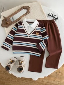 SHEIN 2pcs/Set Boys' Preppy Outfit, Color Block Stripes & Bear Applique Embroidery, Lapel Long Sleeve Top With Straight Pants, Daily School, Spring/Autumn - Brown - View 6