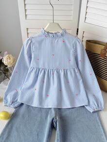 SHEIN Tween女孩休閒日常舒適寬鬆荷葉領上衣KIDS - 彩色 - 查看 2