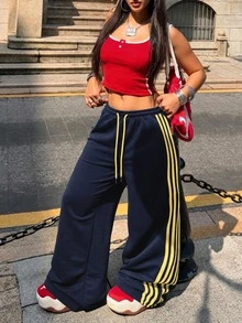 Coolane 女款秋季街頭風休閒外出運動休閒褲 束口紋理裝飾 棕色寬腿運動長褲 適合健身、跑步、運動、針織運動褲 - 藏蓝色 - 查看 2