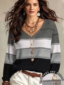 Linhara CURVE Striped Colorblock Graphic Print Fashion Casual Plus Size T-Shirt - Multicolor - View 1