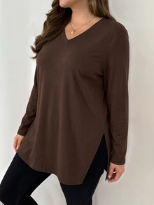 Shapeblank Plus Size Versatile Fashion Long Sleeve T-Shirt With Split Hem,Fall Outfits,Going Out Tops,Simple St - Brown - View 7