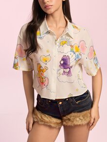SHEIN X Care Bears قميص نسائي بأزرار مطبوع عليه رسومات كرتونية - لون مشمشي - مشاهدة 5
