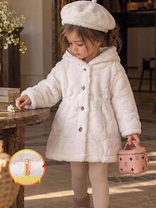 SHEIN Baby Girl Solid Color Faux Fur Knit Hooded Casual Jacket - Beige - View 5