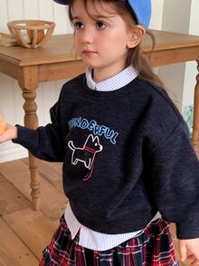 Hapijoa Young Girl Embroidered Cute Long Sleeve Crew Neck Sweatshirt For Daily Wear - Dark Grey - View 1
