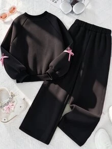 SHEIN 青少年女孩抓絨秋季套裝 2件/組圓領衛衣套裝，綠色與粉色，秋季，可愛，學校，假期穿搭 - 黑色 - 查看 2