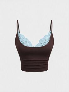 Sweetra 女款性感蕾絲拼接V領背心式無袖露背短版上衣，適合春、夏、秋季 - 咖啡棕 - 查看 5