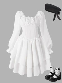 SHEIN Tween Girls White Puff Sleeve Square Neck Ruffle Hem V-Waist Casual Party Summer Dress - White - View 1