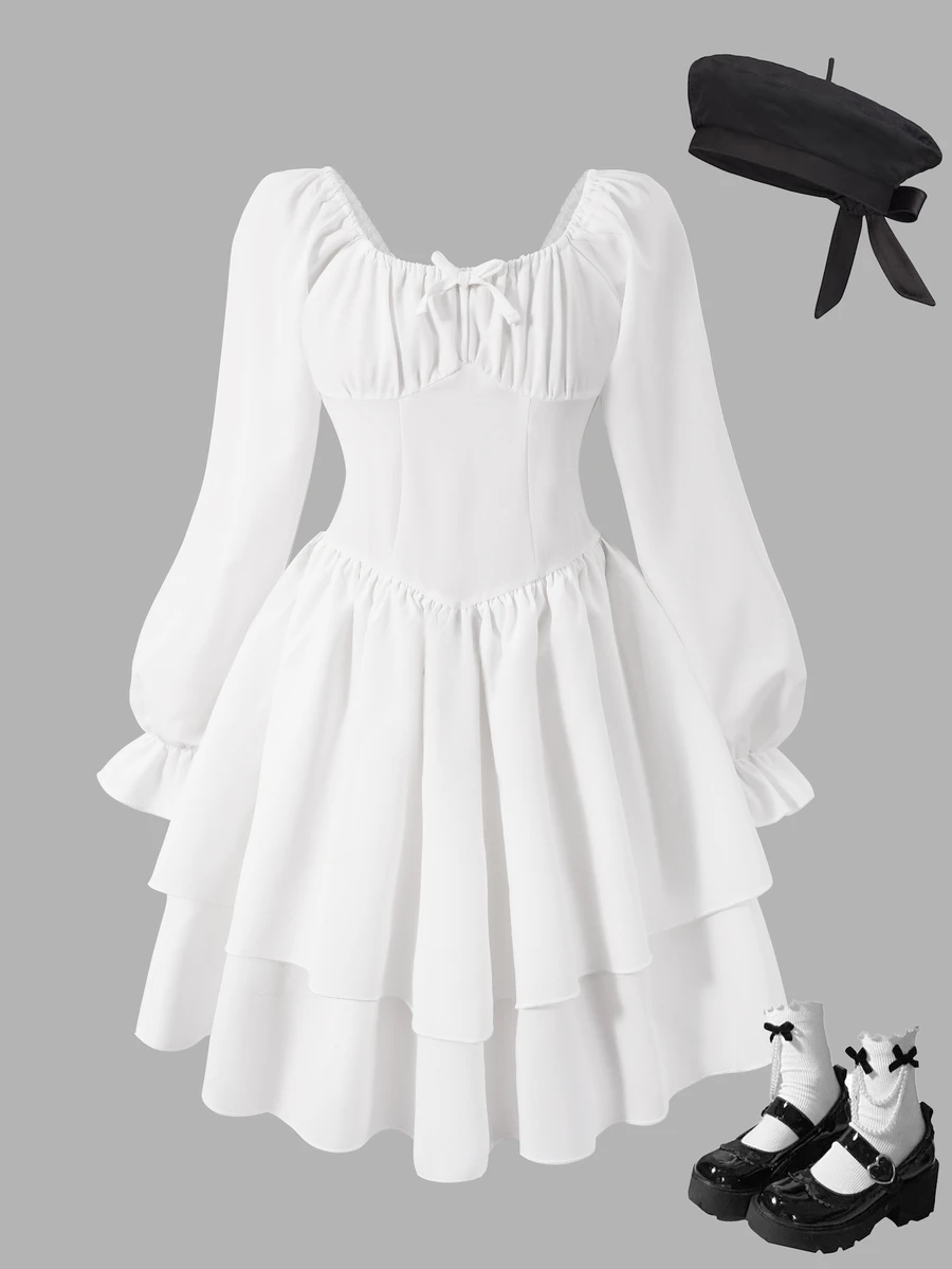 SHEIN Tween Girls White Puff Sleeve Square Neck Ruffle Hem V-Waist Casual Party Summer Dress - White - View 1