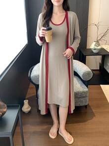 DAZY 2pcs Contrast Color Long Strap Dress & Long Cardigan Robe Autumn Women's Sleepwear Set - Camel - View 6