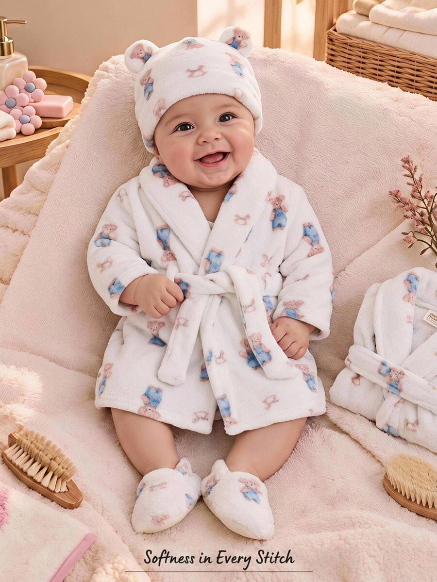 Cozy Pixies Newborn Baby Casual Comfortable Cute Bear Pattern Loungewear Autumn Winter - Multicolor - View 1