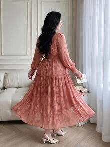 Plus Size French Elegant Jacquard V-Neck Pleated Dress For Party - Dusty Pink - View 2