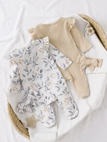 SHEIN Vintaside Kids 2套新生兒長袖連身褲，可愛花卉印花，杏色羅紋髮帶，居家穿著，百搭時尚，最佳選擇，新生兒完美禮物 - 彩色 - 查看 3