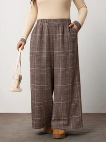 Enliva Plus Size Elastic Waist Plaid Straight Leg Loose Pants Compatible With Apple Body Round Body - Brown - View 4