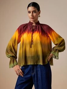 LOTSLUV Women's Autumn Elegant Colorful Gradient Print High Neck Long Sleeve Loose Blouse - Multicolor - View 1