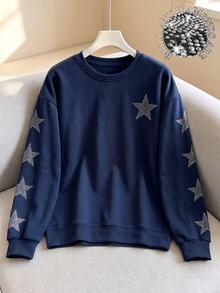 SHEIN LUNE Casual Minimalist Printed Pattern Crew Neck Long Sleeve Thick Loose Fit Women's Sweatshirt - Navy Blue - View 6