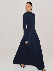 Anewsta Essential Women's Elegant Commute Autumn Red Knit Lyocell Woven Patchwork Loose Fit Dress - Navy Blue - View 3