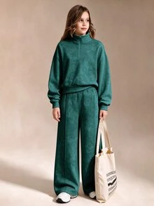 SHEIN 青少年女孩休閒運動風 2 件式衛衣與長褲套裝，長袖保暖，適合秋季、春秋/冬季，校園與校外穿著，棕色 - 墨綠色 - 查看 5
