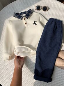 SHEIN 2件組兒童小男孩秋冬休閒運動衫與長褲套裝，運動衫套裝，男孩套裝，秋冬套裝，聖誕套裝，綠色套裝 - 藏蓝色 - 查看 7
