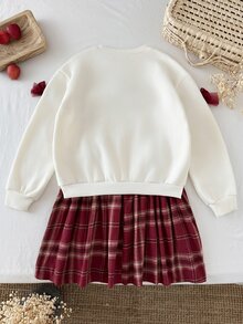 SHEIN 少女蝴蝶結裝飾圓領長袖格紋下擺休閒洋裝 - 紅色 - 查看 2