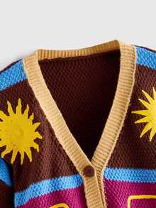 ROMWE Autumn/Winter Boho Witch Hippie Sun Moon Star Crochet Cardigan Sweater For Women - Multicolor - View 4