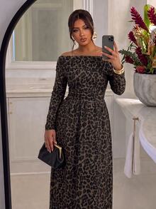Firerie Plus Size Leopard Print Asymmetrical Collar Long Sleeve Ruched Dress, Elegant Sexy Style For Autumn, Suitable For Weddings, Dates, Parties And Other Occasions - Brown - View 5