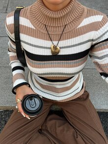 DAZY Women's Striped Turtleneck Long Sleeve Fitted Casual Versatile Sweater - Multicolor - View 2