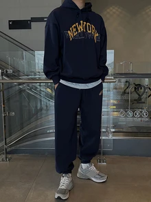 DAZY Autumn/Winter Thermal Lined Navy Blue Letter Print Men's Hoodie Sweatshirt Set - Navy Blue - View 5
