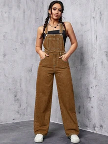 Flexra Women's Casual Straight Leg Denim Overalls With Pockets - Brown - View 4