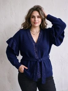 Linhara CURVE Plus Size Women's Sequin V-Neck Knit Cardigan - Royal Blue - View 4