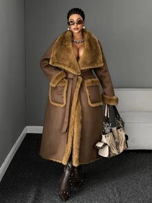 Maweii Plus Size Women's Fashion Versatile Winter Faux Fur Coat - Coffee Brown - View 2