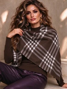 Linhara CURVE 2026 Autumn/Winter New Plus Size Women's Sweater Set, Minimalist Slim Fit Base Layer Top With Asymmetrical Plaid Shawl, Suitable For Daily Commute, Office, Romantic Vacation, Back To School Season - Khaki - View 5