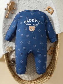 SHEIN 【隨機7款發1件】新生兒嬰兒居家連身衣，中性長袖按扣連身衣，恐龍大象汽車卡通印花，四季適用，柔軟親膚 - 藏蓝色 - 查看 2