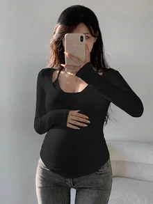 DAZY Solid Color Slim Fit Halter Neck Long Sleeve Elegant Vacation Korean Style Spring/Autumn Maternity T-Shirt - Black - View 8