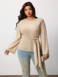 Enliva Plus Size Elegant Apricot Waist-Defining Tie-Waist Knit Top For Women Apple,Rounded Body - Apricot - View 5