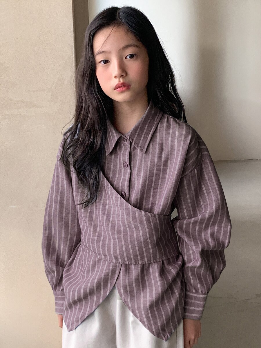 DAZY 青少年女孩翻領條紋長袖梭織襯衫 - 棕色 - 查看 1