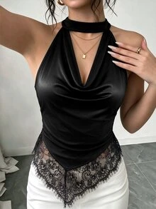 Elenzga Women's Solid Color Cowl Neck Contrast Lace Asymmetric Hem Elegant Halter Tank Top - Black - View 7