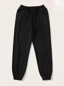 SHEIN EZwear 高腰抽繩腰錐形牛仔褲 - 黑色 - 查看 3