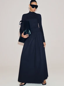 Anewsta Essential Women's Elegant Commute Autumn Red Knit Lyocell Woven Patchwork Loose Fit Dress - Navy Blue - View 6