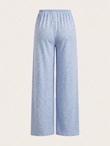 SHEIN EZwear 舒適黑色米色針織長直筒褲，附口袋設計，休閒基礎款，夏季居家休閒 - 彩色 - 查看 5