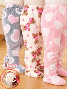 SHEIN 3件組女嬰冬季長褲，奶油色、淺粉色、粉色，柔軟甜美風草莓花蝴蝶結滿版印花，鬆緊腰，寬鬆直筒版型 - 灰色 - 查看 3
