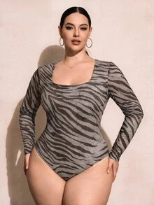 SHEIN SXY 女款大尺碼秋季方領休閒極簡斑馬紋連身衣，秋冬性感修身連身衣，Y2K優雅外出穿搭 - 彩色 - 查看 1