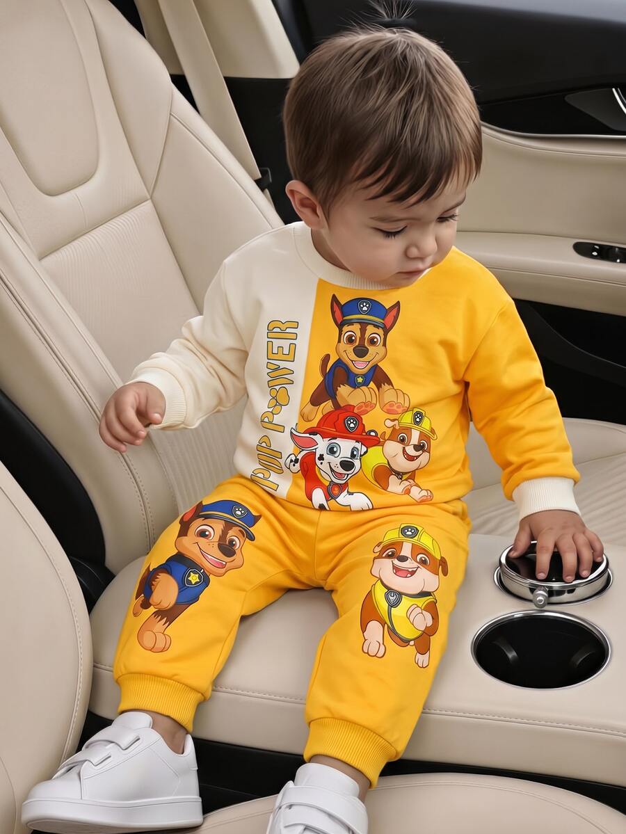 SHEIN | PAW Patrol 男嬰 2 件組卡通圖案印花拼色圓領長袖運動衫與運動長褲套裝 - 彩色 - 查看 1
