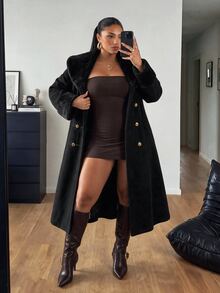 POPSWAY Plus Size Fur Collar Long Loose Coat - Black - View 1